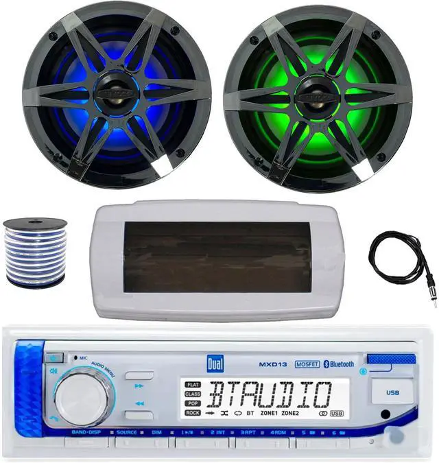 Main image of Dual MXD13 Single DIN Bluetooth Marine MP3 AM/FM Stereo Receiver with White Cover, 22" Radio Antenna, Wire, 2x 6.5" 120 Watt Peak Multicolor LED Boat Audio Speakers w/Chrome Grilles (Black)