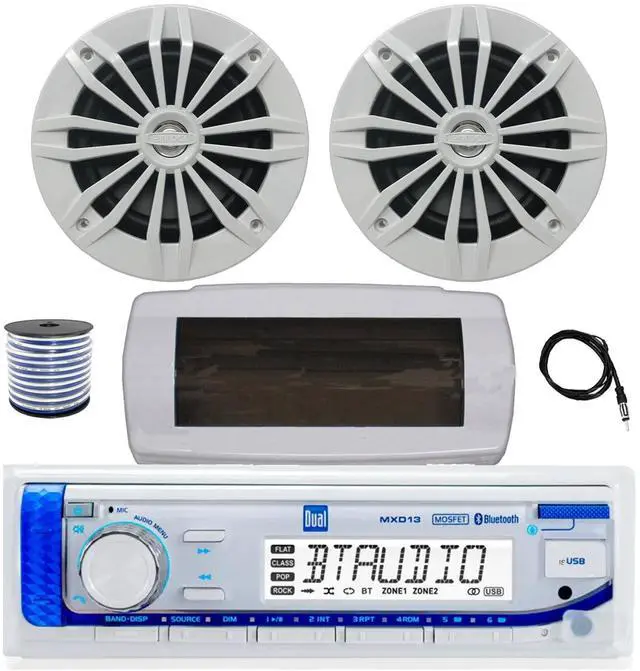Main image of Dual MXD13 Single DIN Bluetooth Marine MP3 AM/FM Stereo Receiver with White Cover, 22" Radio Antenna, Wire, 2x 6.5" 180 Watt Max Power 2-Way Water Resistant Audio Speakers (White)