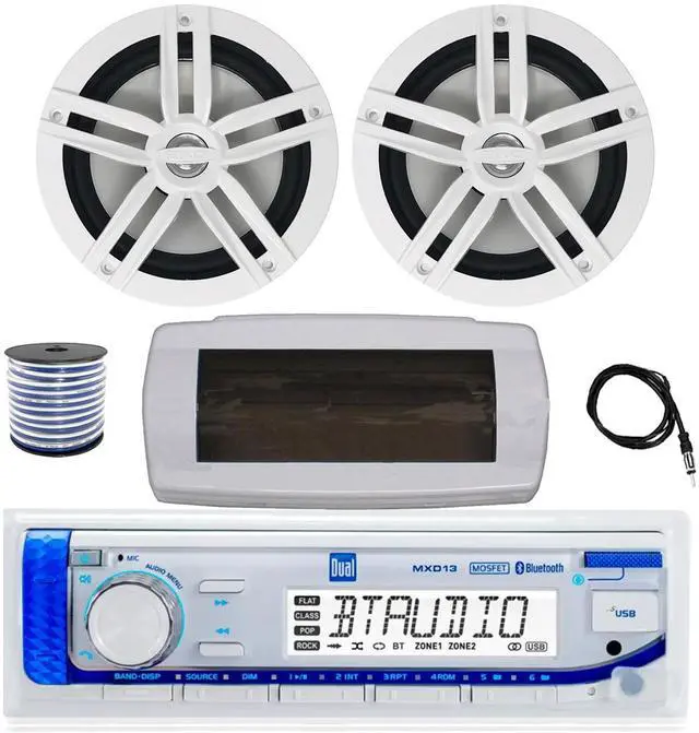 Main image of Dual MXD13 Single DIN Bluetooth Marine MP3 AM/FM Stereo Receiver with White Cover, 22" Radio Antenna, Wire, 2x 6.5" 180 Watt Peak Power 2-Way Boat Audio Speakers (White)