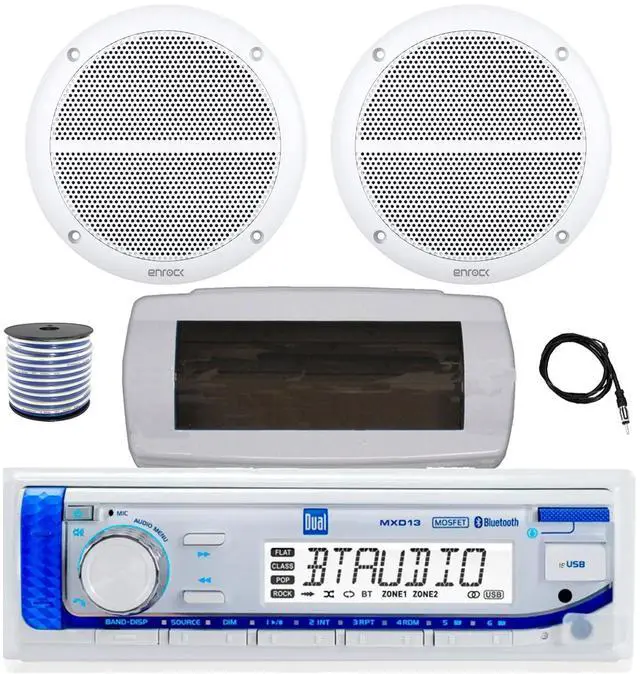 Main image of Dual MXD13 Single DIN Bluetooth Marine MP3 AM/FM Stereo Receiver with White Cover, 22" Radio Antenna, Wire, 2x 6.5" 90 Watt Peak Power 2-Way Full Range Audio Speakers (White)