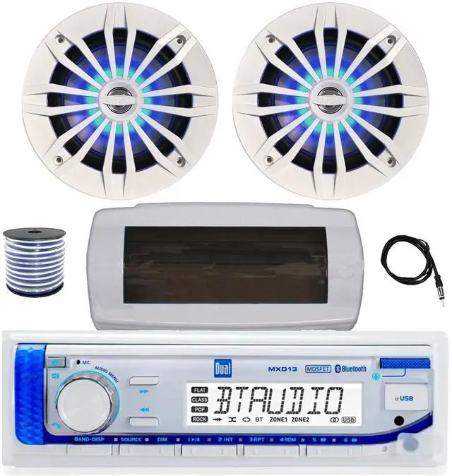 Main image of Dual MXD13 Single DIN Bluetooth Marine MP3 AM/FM Stereo Receiver with White Cover, 22" Radio Antenna, Wire, 2x 6.5" 180 Watt Peak 2-Way Blue Flashing LED Boat Audio Speakers (White)