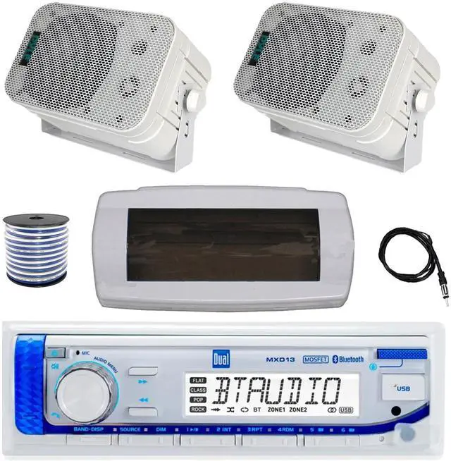 Main image of Dual MXD13 Single DIN Bluetooth Marine MP3 AM/FM Stereo Receiver with White Cover, 22" Radio Antenna, Wire, 2x 5.25" 400W Max Indoor/Outdoor Waterproof Audio Speakers (White)
