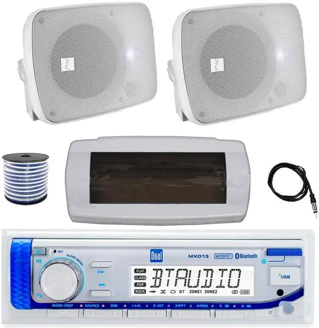 Main image of Dual MXD13 Single DIN Bluetooth Marine MP3 AM/FM Stereo Receiver with White Cover, 22" Radio Antenna, Wire, 2x 5.25" 600 Watt Max Power Bluetooth Indoor/Outdoor Waterproof Audio Speakers (White)