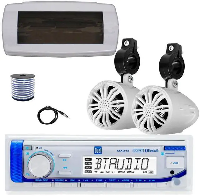 Main image of Dual MXD13 Single DIN Bluetooth Marine MP3 AM/FM Stereo Receiver with White Cover, 22" Radio Antenna, Wire, 2x 2.25" 10W Max Full Range Waterproof Off-Road Audio Speakers (White)