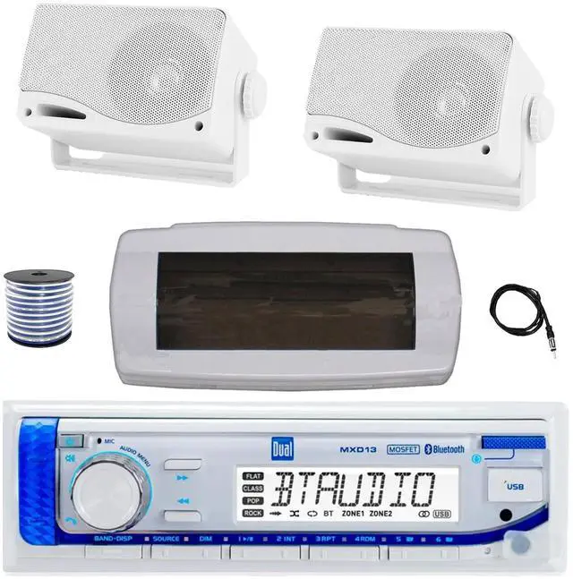 Main image of Dual MXD13 Single DIN Bluetooth Marine MP3 AM/FM Stereo Receiver with White Cover, 22" Radio Antenna, Wire, 2x 3.5'' 200 Watt Max 3-Way Indoor/Outdoor Wall Mount Speaker (White)