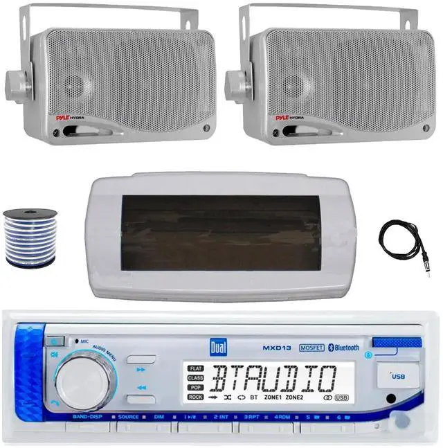 Main image of Dual MXD13 Single DIN Bluetooth Marine MP3 AM/FM Stereo Receiver with White Cover, 22" Radio Antenna, Wire, 2x 3.5'' 200 Watt Max 3-Way Indoor/Outdoor Wall Mount Speaker (Silver)