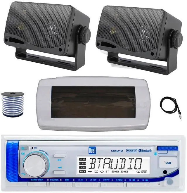 Main image of Dual MXD13 Single DIN Bluetooth Marine MP3 AM/FM Stereo Receiver with White Cover, 22" Radio Antenna, Wire, 2x 3.5'' 200 Watt Max 3-Way Indoor/Outdoor Wall Mount Speaker (Black)