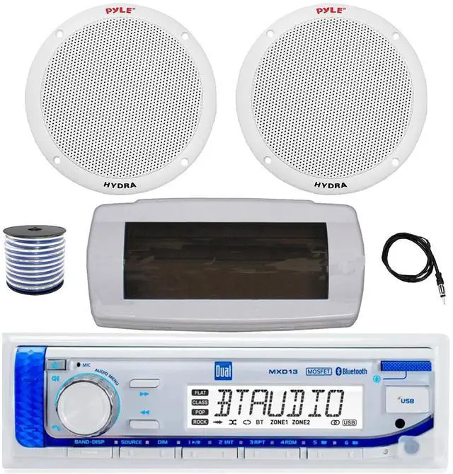 Main image of Dual MXD13 Single DIN Bluetooth Marine MP3 AM/FM Stereo Receiver with White Cover, 22" Radio Antenna, Wire, 2x 6.5'' 400W Peak 2-Way Full Range Dual Cone Waterproof Stereo Speakers (White)