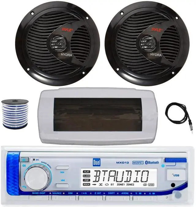Main image of Dual MXD13 Single DIN Bluetooth Marine MP3 AM/FM Stereo Receiver with White Cover, 22" Radio Antenna, Wire, 2x 6.5" 150 Watt Max Full Range Dual Cone Waterproof Stereo Speakers (Black)