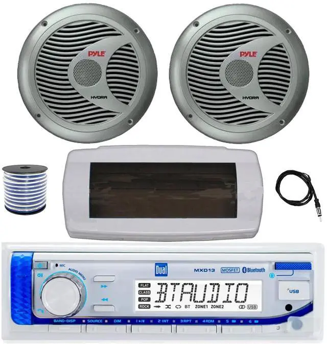 Main image of Dual MXD13 Single DIN Bluetooth Marine MP3 AM/FM Stereo Receiver with White Cover, 22" Radio Antenna, Wire, 2x 6.5" 150 Watt Max Full Range Dual Cone Waterproof Stereo Speakers (Silver)