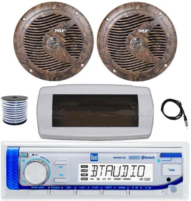 Main image of Dual MXD13 Single DIN Bluetooth Marine MP3 AM/FM Stereo Receiver with White Cover, 22" Radio Antenna, Wire, 2x 6.5" 150 Watt Max Full Range Dual Cone Waterproof Stereo Speakers (Camo)