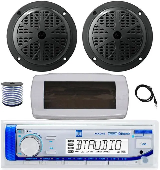 Main image of Dual MXD13 Single DIN Bluetooth Marine MP3 AM/FM Stereo Receiver with White Cover, 22" Radio Antenna, Wire, 2x 6.5" 120 Watt Max Full Range Dual Cone Waterproof Stereo Speakers (Black)