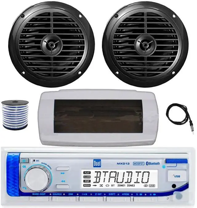 Main image of Dual MXD13 Single DIN Bluetooth Marine MP3 AM/FM Stereo Receiver with White Cover, 22" Radio Antenna, Wire, 2x 6.5" 120 Watt Peak Full Range Dual Cone Waterproof Stereo Speakers (Black)