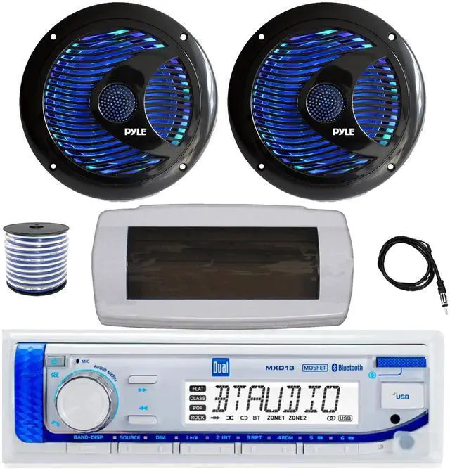 Main image of Dual MXD13 Single DIN Bluetooth Marine MP3 AM/FM Stereo Receiver with White Cover, 22" Radio Antenna, Wire, 2x 6.5'' 150 Watt Max Dual Cone Multicolor LED Audio Speakers (Black) w/Remote