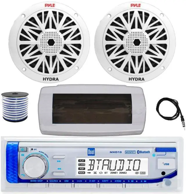 Main image of Dual MXD13 Single DIN Bluetooth Marine MP3 AM/FM Stereo Receiver with White Cover, 22" Radio Antenna, Wire, 2x 8'' 300W Max Full Range Dual Cone Waterproof Stereo Speakers (White)