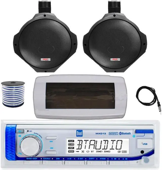 Main image of Dual MXD13 Single DIN Bluetooth Marine MP3 AM/FM Stereo Receiver with White Cover, 22" Radio Antenna, Wire, 2x 6.5" 200 Watt Peak Water Resistant Full Range Wakeboard Audio Speakers (Black)