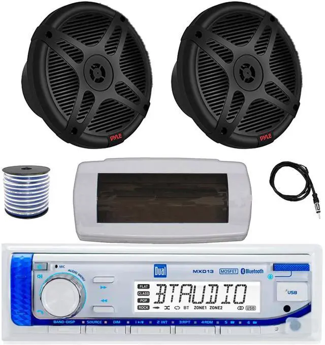 Main image of Dual MXD13 Single DIN Bluetooth Marine MP3 AM/FM Stereo Receiver with White Cover, 22" Radio Antenna, Wire, 2x 6.5" 600 Watt Max 2-Way Full Range Waterproof Wireless RF Streaming Speakers (Black)