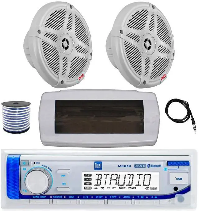 Main image of Dual MXD13 Single DIN Bluetooth Marine MP3 AM/FM Stereo Receiver with White Cover, 22" Radio Antenna, Wire, 2x 6.5" 600 Watt Max 2-Way Full Range Waterproof Wireless RF Streaming Speakers (White)