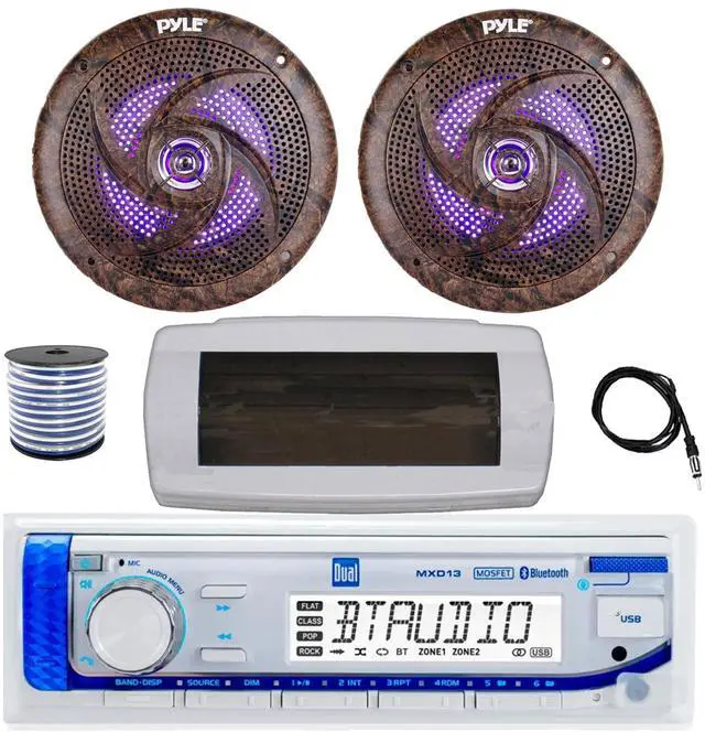 Main image of Dual MXD13 Single DIN Bluetooth Marine MP3 AM/FM Stereo Receiver with White Cover, 22" Radio Antenna, Wire, 2x 6.5'' 240 Watt Peak Slim Waterproof Multicolor LED Stereo Speakers (Camo)