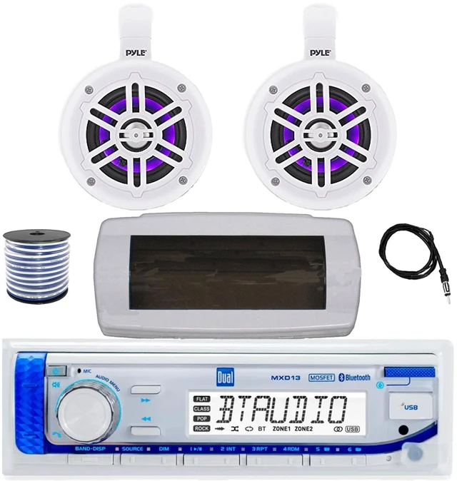 Main image of Dual MXD13 Single DIN Bluetooth Marine MP3 AM/FM Stereo Receiver with White Cover, 22" Radio Antenna, Wire, 2x 4" 300W Max Bluetooth Waterproof Wakeboard LED Tower Speakers (White)