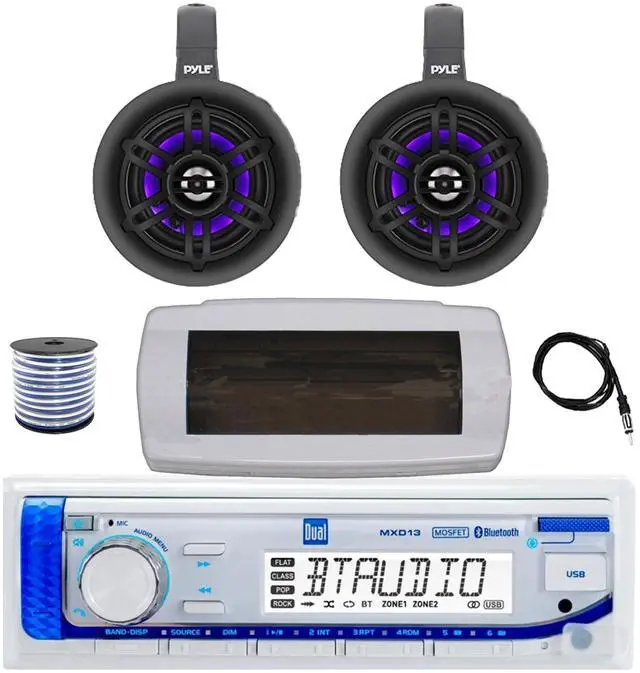 Main image of Dual MXD13 Single DIN Bluetooth Marine MP3 AM/FM Stereo Receiver with White Cover, 22" Radio Antenna, Wire, 2x 4" 300W Max Bluetooth Waterproof Wakeboard LED Tower Speakers (Black)