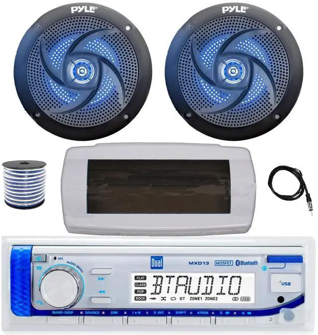 Main image of Dual MXD13 Single DIN Bluetooth Marine MP3 AM/FM Stereo Receiver with White Cover, 22" Radio Antenna, Wire, 2x 4" 100 Watt Max 2-Way Blue Flashing LED Boat Audio Speakers (Black)