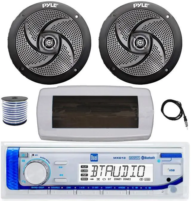 Main image of Dual MXD13 Single DIN Bluetooth Marine MP3 AM/FM Stereo Receiver with White Cover, 22" Radio Antenna, Wire, 2x 5.25" 180 Watt Max 2-Way Waterproof Boat Audio Speakers (Black)