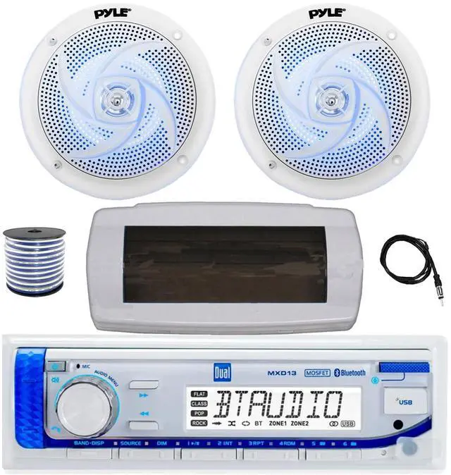 Main image of Dual MXD13 Single DIN Bluetooth Marine MP3 AM/FM Stereo Receiver with White Cover, 22" Radio Antenna, Wire, 2x 6'' 240 Watt Max Power 2-Way Blue Flashing LED Audio Speakers (White)