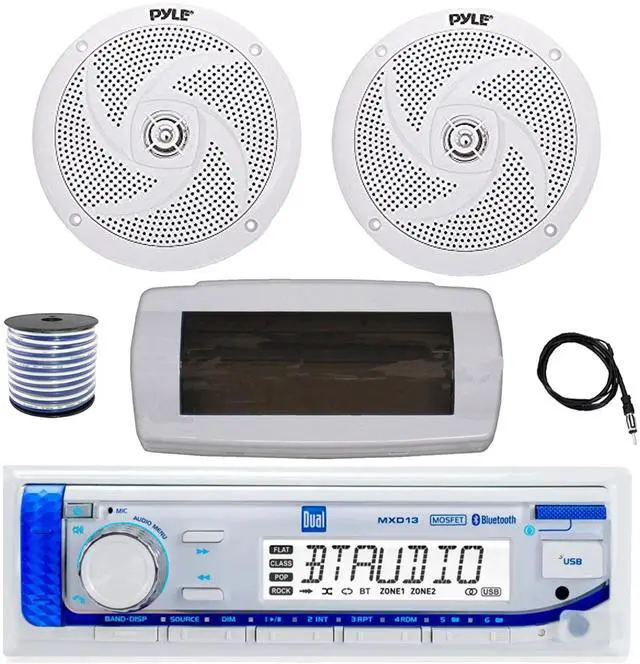 Main image of Dual MXD13 Single DIN Bluetooth Marine MP3 AM/FM Stereo Receiver with White Cover, 22" Radio Antenna, Wire, 2x 6'' 240 Watt Max 2-Way Boat Audio Speakers (White)