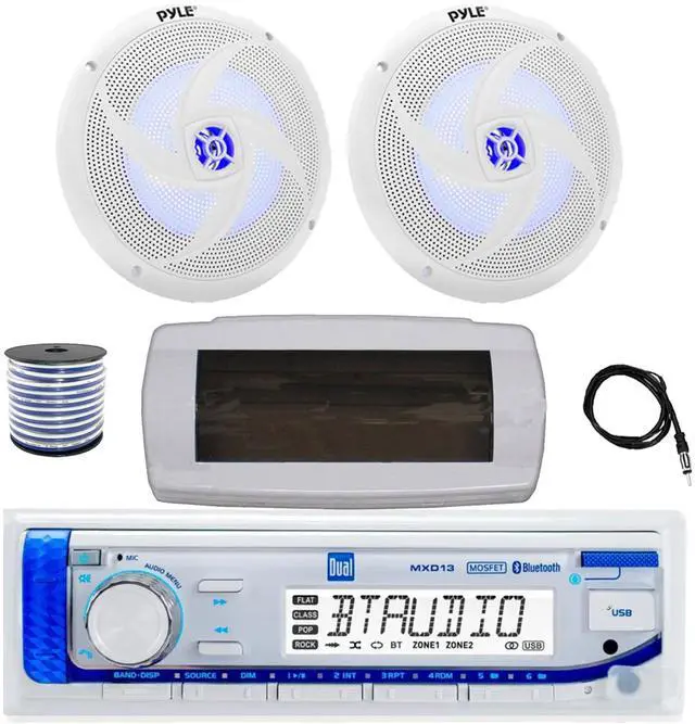 Main image of Dual MXD13 Single DIN Bluetooth Marine MP3 AM/FM Stereo Receiver with White Cover, 22" Radio Antenna, Wire, 2x 8'' 320 Watt Max 2-Way Blue Flashing LED Boat Audio Speakers (White)