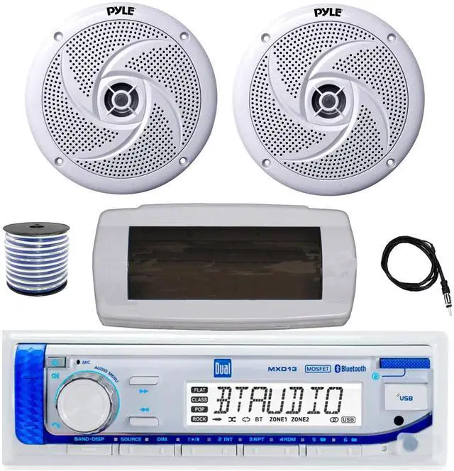 Main image of Dual MXD13 Single DIN Bluetooth Marine MP3 AM/FM Stereo Receiver with White Cover, 22" Radio Antenna, Wire, 2x 8'' 320 Watt Max 2-Way Boat Audio Speakers (White)