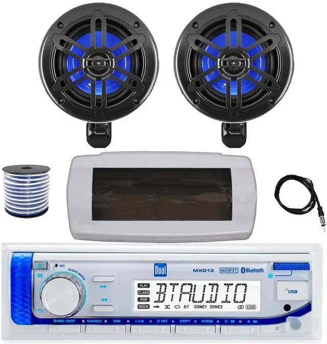 Main image of Dual MXD13 Single DIN Bluetooth Marine MP3 AM/FM Stereo Receiver with White Cover, 22" Radio Antenna, Wire, 2x 4" 150 Watt Max 2-Way Waterproof Off-Road Audio Speakers (Black)