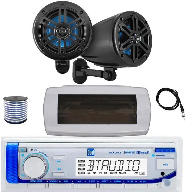 Main image of Dual MXD13 Single DIN Bluetooth Marine MP3 AM/FM Stereo Receiver with White Cover, 22" Radio Antenna, Wire, 2x 5.25" 180 Watt Max 2-Way Waterproof Off-Road Audio Speakers (Black)