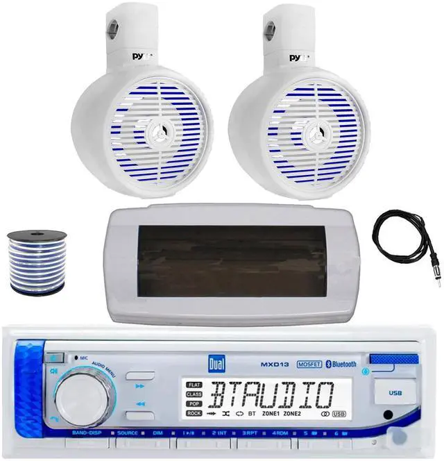 Main image of Dual MXD13 Single DIN Bluetooth Marine MP3 AM/FM Stereo Receiver with White Cover, 22" Radio Antenna, Wire, 2x 6.5" 200 Watt Max Power Built-in-LED 2-Way Wakeboard Speakers (White)