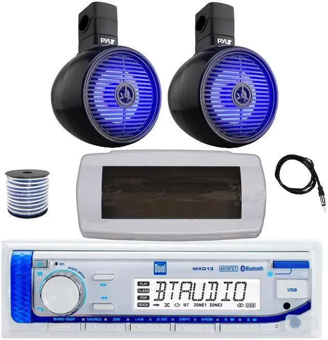 Main image of Dual MXD13 Single DIN Bluetooth Marine MP3 AM/FM Stereo Receiver with White Cover, 22" Radio Antenna, Wire, 2x 8" 300W Max 2-Way Full Range Wakeboard Built-in-LED Single Audio Speakers (Black)