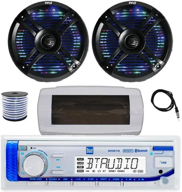 Main image of Dual MXD13 Single DIN Bluetooth Marine MP3 AM/FM Stereo Receiver with White Cover, 22" Radio Antenna, Wire, 2x 6.5" 250 Watt Max 2-Way Waterproof Multicolor LED Audio Speakers (Black)