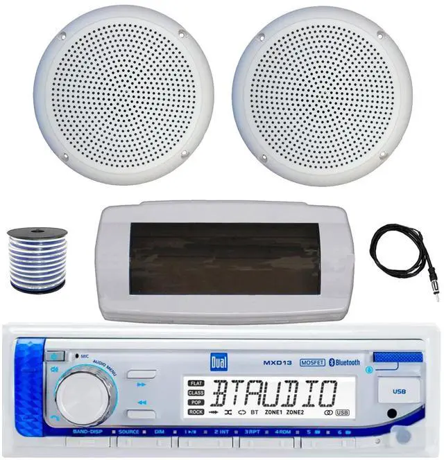 Main image of Dual MXD13 Single DIN Bluetooth Marine MP3 AM/FM Stereo Receiver with White Cover, 22" Radio Antenna, Wire, 2x 5.25" 20 Watt Max Polycone Audio Speakers (White, Bulk Packaging)