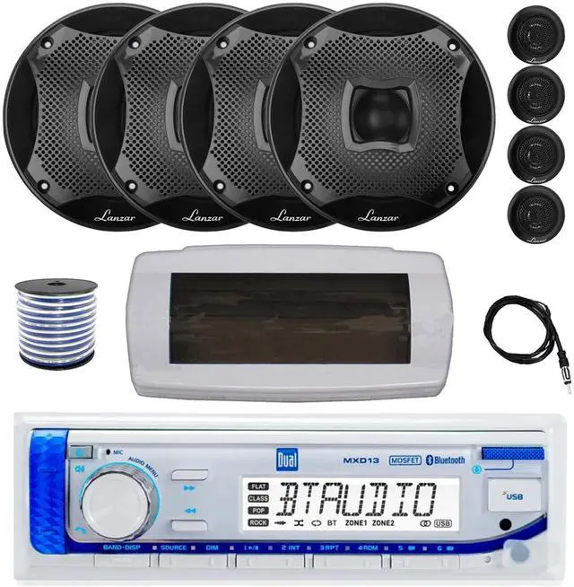 Main image of Dual MXD13 Single DIN Bluetooth Marine MP3 AM/FM Stereo Receiver with White Cover, 22" Radio Antenna, Wire, 4x 6.5" 450 Watt Peak 2-Way Water Resistant Boat Audio Speakers (Black)