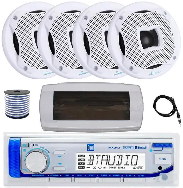 Main image of Dual MXD13 Single DIN Bluetooth Marine MP3 AM/FM Stereo Receiver with White Cover, 22" Radio Antenna, Wire, 4x 6.5" 450 Watt Peak 2-Way Water Resistant Boat Audio Speakers (White)