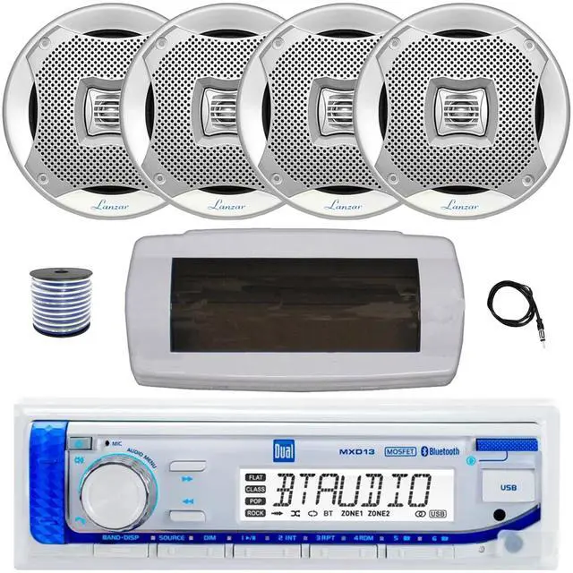 Main image of Dual MXD13 Single DIN Bluetooth Marine MP3 AM/FM Stereo Receiver with White Cover, 22" Radio Antenna, Wire, 4x 6.5" 400W Max 2-Way Water Resistant Audio Speakers (Silver)