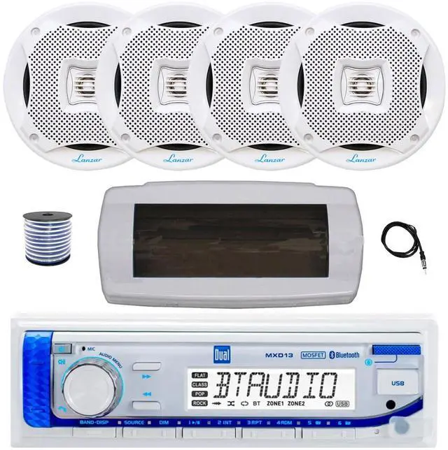 Main image of Dual MXD13 Single DIN Bluetooth Marine MP3 AM/FM Stereo Receiver with White Cover, 22" Radio Antenna, Wire, 4x 6.5" 400W Max 2-Way Water Resistant Audio Speakers (White)