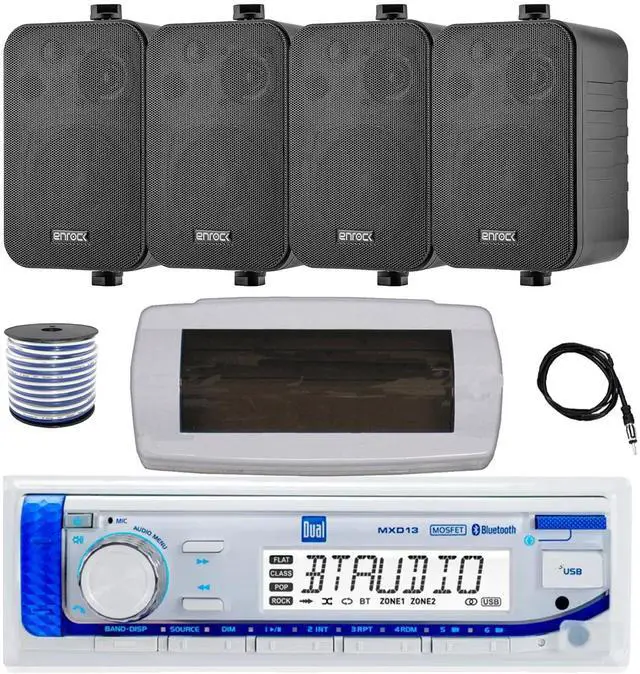 Main image of Dual MXD13 Single DIN Bluetooth Marine MP3 AM/FM Stereo Receiver with White Cover, 22" Radio Antenna, Wire, 4x 4" 30 Watt Peak Water-Resistant 3-Way InDoor/OutDoor Audio Speakers (Black)