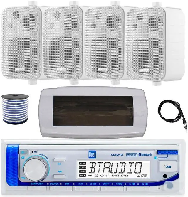 Main image of Dual MXD13 Single DIN Bluetooth Marine MP3 AM/FM Stereo Receiver with White Cover, 22" Radio Antenna, Wire, 4x 4" 30 Watt Peak Water-Resistant 3-Way InDoor/OutDoor Audio Speakers (White)