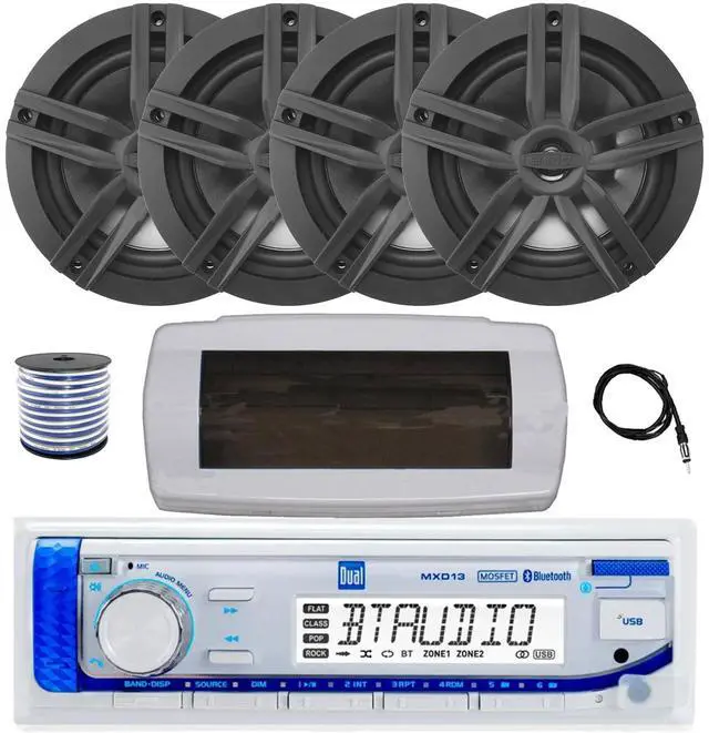 Main image of Dual MXD13 Single DIN Bluetooth Marine MP3 AM/FM Stereo Receiver with White Cover, 22" Radio Antenna, Wire, 4x 6.5" 180 Watt Max Power 2-Way Water Resistant Audio Speakers (Black)