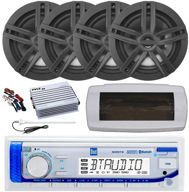 Main image of Dual MXD13 Single DIN Bluetooth Marine MP3 AM/FM Stereo Receiver with White Cover, Long Range Antenna, Amplifier w/Kit, 4x 6.5" 180 Watt Max Power 2-Way Water Resistant Audio Speakers (Black)