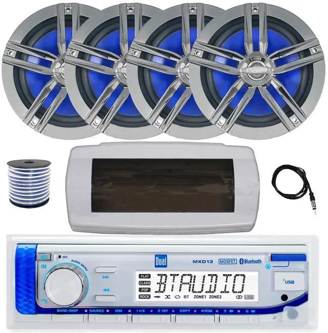 Main image of Dual MXD13 Single DIN Bluetooth Marine MP3 AM/FM Stereo Receiver with White Cover, 22" Radio Antenna, Wire, 4x 6.5" 180 Watt Max Power 2-Way Water Resistant Audio Speakers (Charcoal)