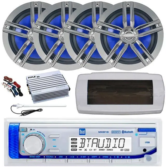 Main image of Dual MXD13 Single DIN Bluetooth Marine MP3 AM/FM Stereo Receiver with White Cover, Long Range Antenna, Amplifier w/Kit, 4x 6.5" 180 Watt Max Power 2-Way Water Resistant Audio Speakers (Charcoal)