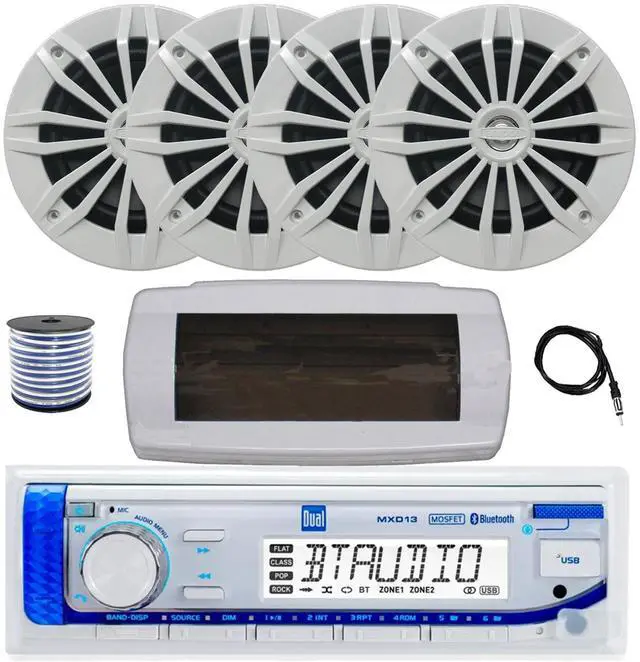 Main image of Dual MXD13 Single DIN Bluetooth Marine MP3 AM/FM Stereo Receiver with White Cover, 22" Radio Antenna, Wire, 4x 6.5" 180 Watt Max Power 2-Way Water Resistant Audio Speakers (White)