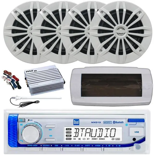 Main image of Dual MXD13 Single DIN Bluetooth Marine MP3 AM/FM Stereo Receiver with White Cover, Long Range Antenna, Amplifier w/Kit, 4x 6.5" 180 Watt Max Power 2-Way Water Resistant Audio Speakers (White)