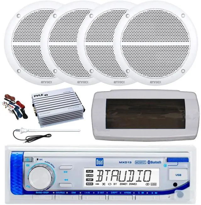 Main image of Dual MXD13 Single DIN Bluetooth Marine MP3 AM/FM Stereo Receiver with White Cover, Long Range Antenna, Amplifier w/Kit, 4x 6.5" 90 Watt Peak Power 2-Way Full Range Audio Speakers (White)
